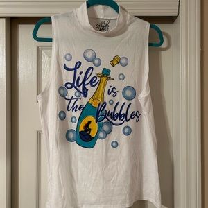 Lost Bros “Life is the Bubbles” muscle tank in white with high neck.